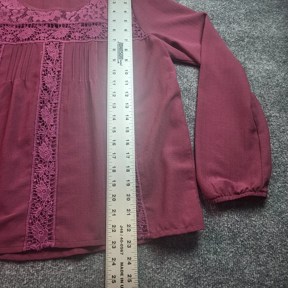 Jolt Womens Maroon Lace Trim Pintuck Long Sleeve Blouse Size Medium Burgundy Boh - Picture 4 of 6